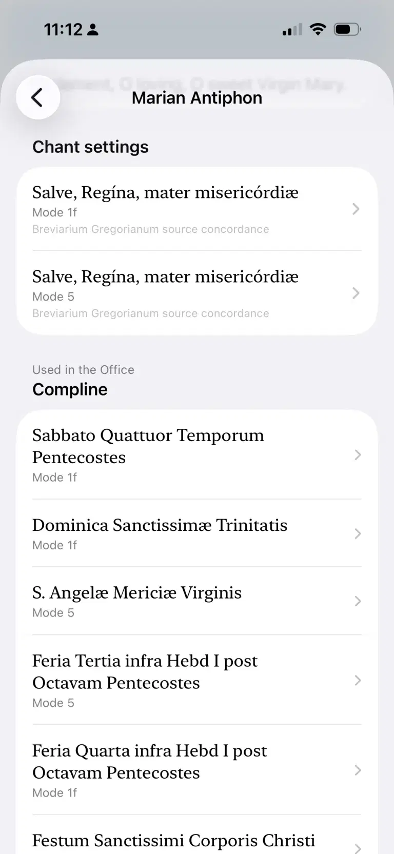 The Salve Regina result detail screen showing two chant settings and the offices where the antiphon is used.