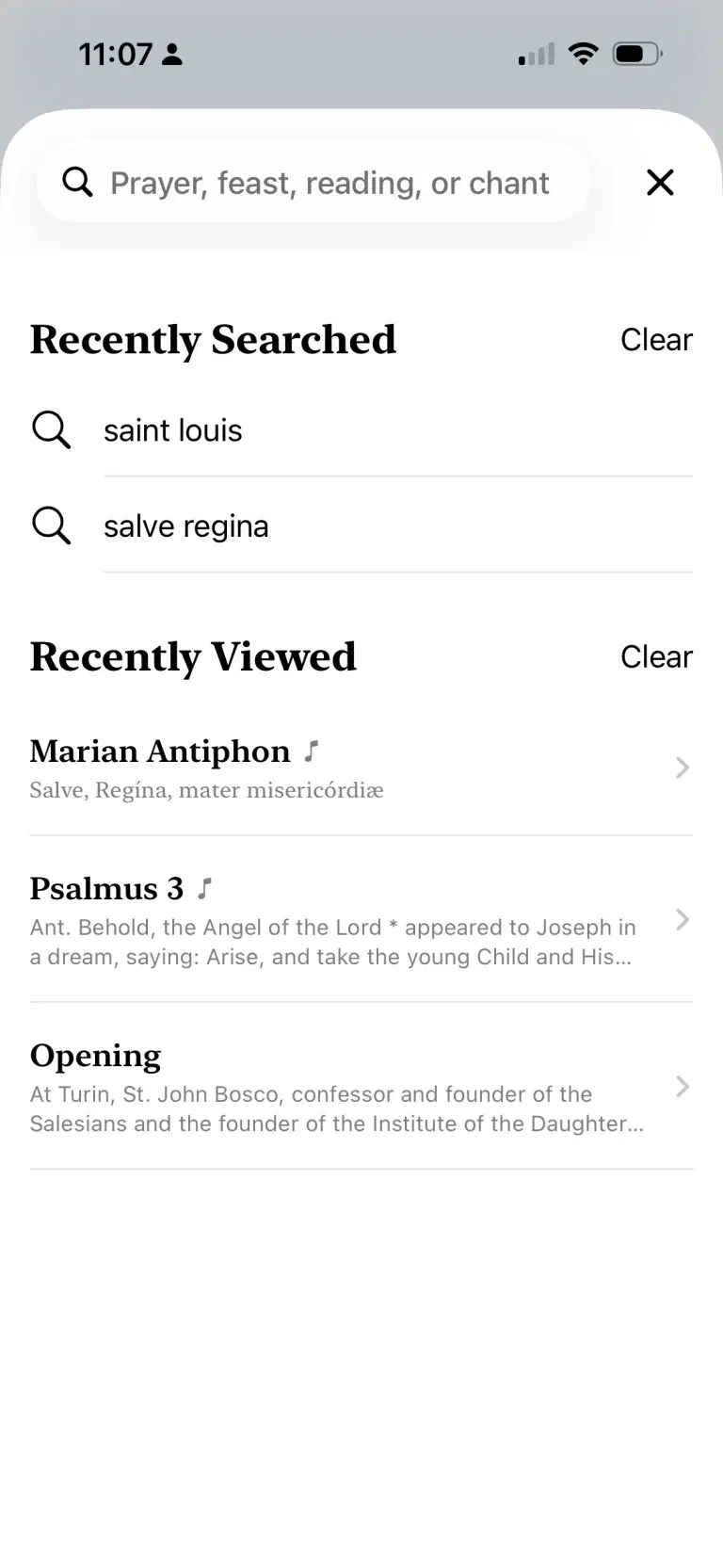 The Hours search screen showing recently searched terms and recently viewed prayers and readings.
