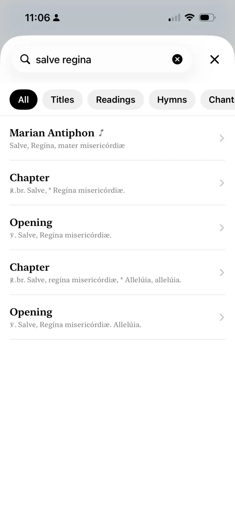 Search results for Salve Regina across chants and office sections.