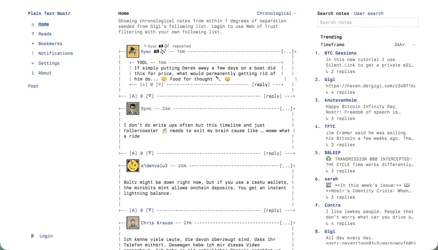 Plain Text Nostr's chronological desktop feed with navigation, ASCII note cards, search, and trending notes.