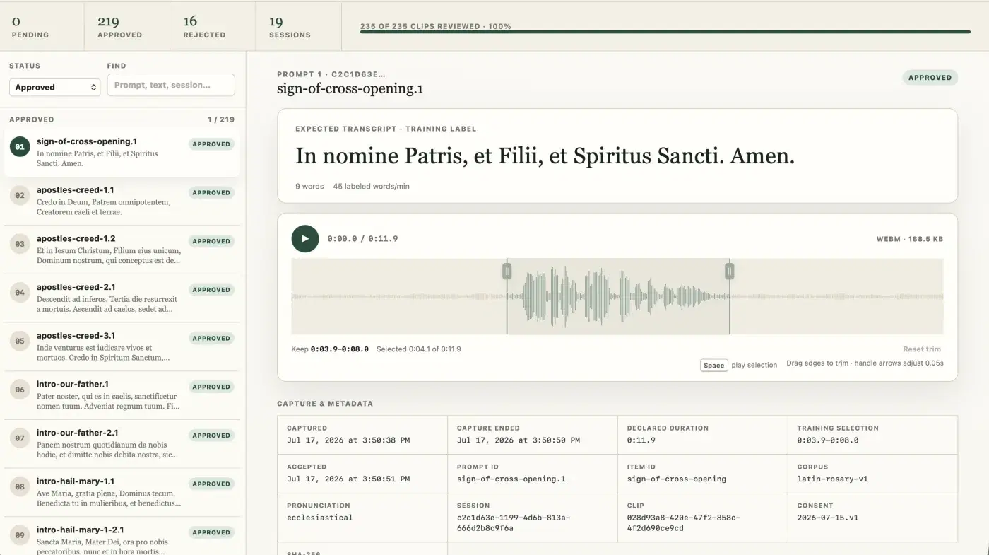 The RSRY audio review app showing an approved recording, its canonical Latin transcript, waveform, trim selection, and capture metadata.